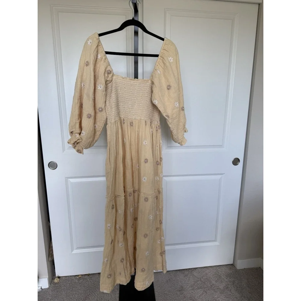 Free People Dahlia Flower Embroidered Cottagecore Cream Spring Maxi Dress‎ Sz S